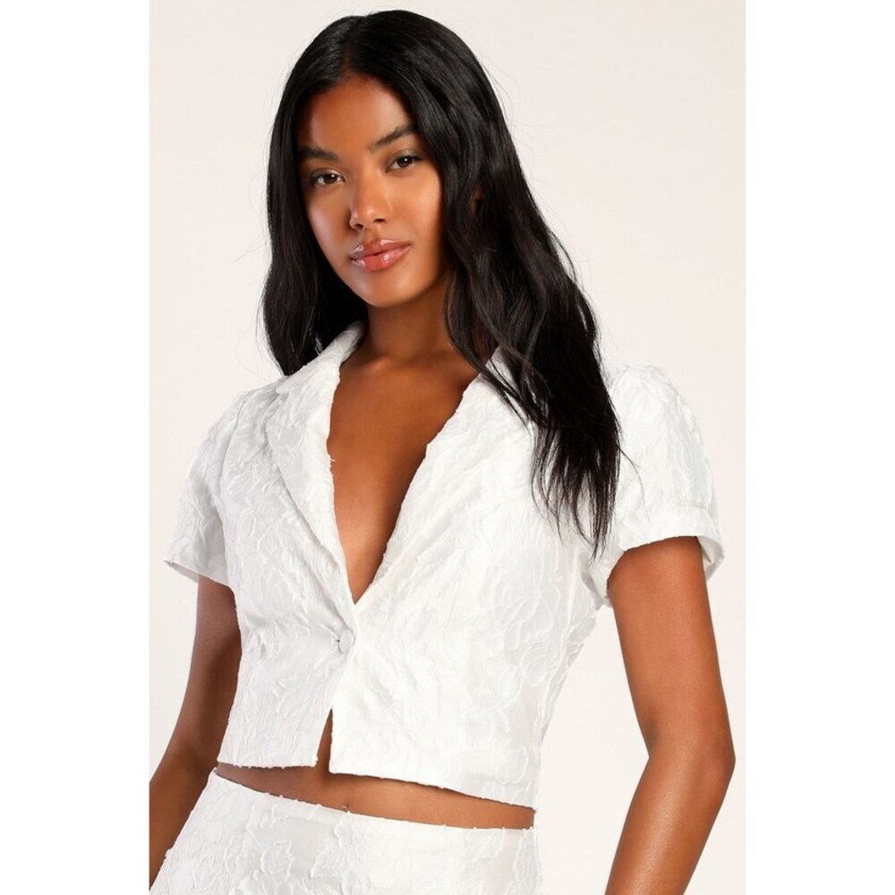 Lulus Chic Your Piece White Organza Jacquard Short Sleeve Blazer - Size XS
